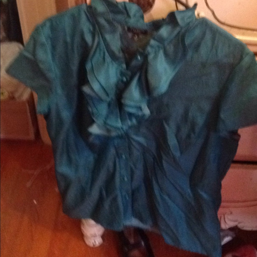 Teal blue silk rayon ruffle top with short sleeves